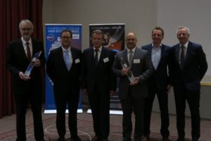 Freuen sich über den BVF-Award 2017: Heinz Eckard Beele (IMI), Hans Arno Kloep (Querschiesser) als Laudator, Ulrich Stahl (Vorstandsvorsitzender des BVF e. V.), Michael Schuster, Christian Kemper und Karl-Heinz Kramer (alle Wavin).