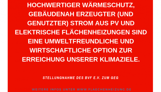 Hochwertiger Wärmeschutz, gebäudenah erzeugter (und genutzter) Strom aus PV und elektrische Flächenheizungen sind eine umweltfreundliche und wirtschaftliche Option zur Erreichung unserer Klimaziele.