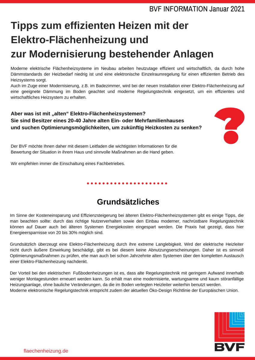 BVF Infoblatt: Tipps zum effizienten Heizen mit der Elektro-Flächenheizung und zur Modernisierung bestehender Anlagen