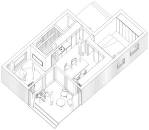 Ein „T2“-Minihaus basiert auf zwei vorgefertigten Modulen, die auf der Baustelle nur noch zusammengesetzt werden. Die Grundfläche beträgt 57 m2